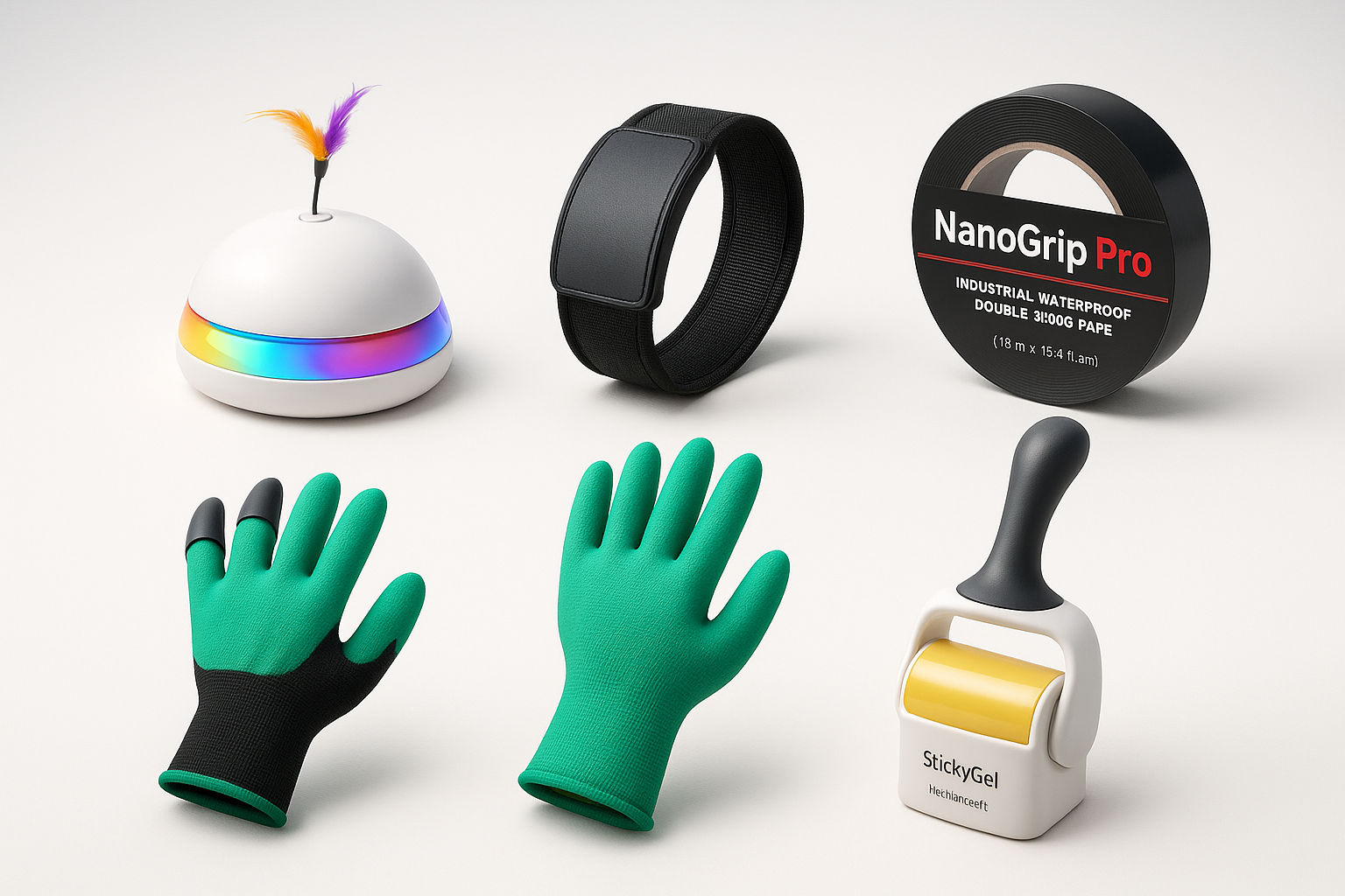 Create me a homepage image of Different types of gadgets such as, Cat Toy,Magnetic Wristband,NanoGrip™ Pro - Industrial-Strength Waterproof Double-Sided Tape,Pro-Grade Claw Gardening Gloves,StickyGel™ Lint Roller and KitchenCraft™ RollMaster. MAKE ALL THESE GADGET ALIGNED In the MIddle and make the page feel welcoming and make the customer to want to shop her make it #professonal 